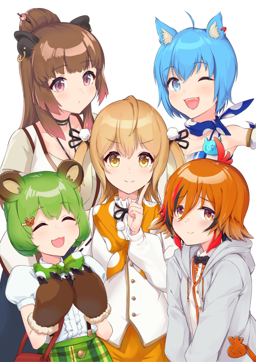 5girls, animal_ears, animare, closed_eyes, commentary_request, hair_between_eyes, hanerilove, highres