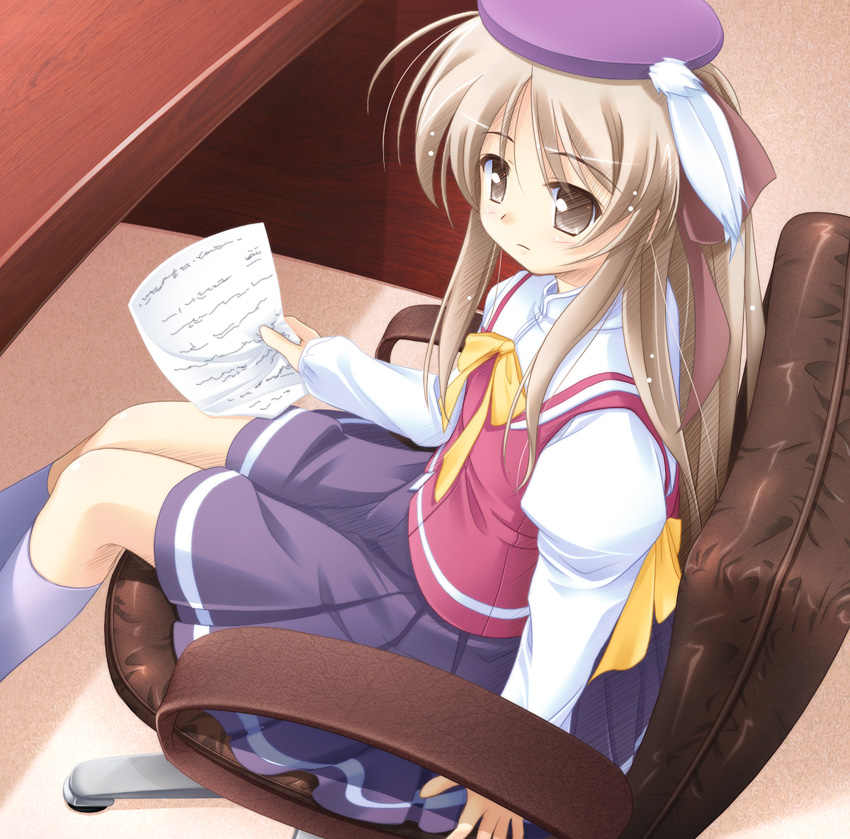 chair, desk, feathers, flat_chest, grey_eyes, haruka_ni_aogi_uruwashi_no, hat, kazamatsuri_miyabi