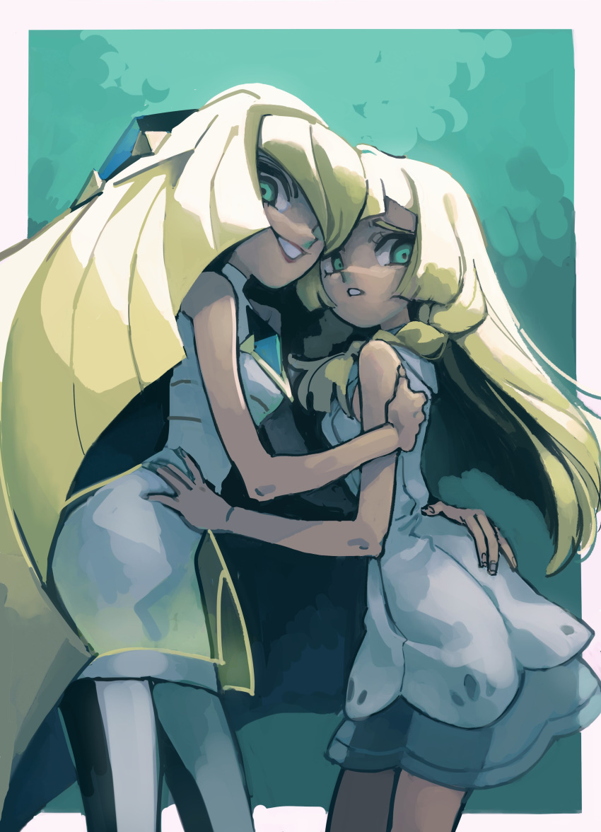 2girls, absurdres, bangs, blonde_hair, breasts, dress, green_eyes, grin