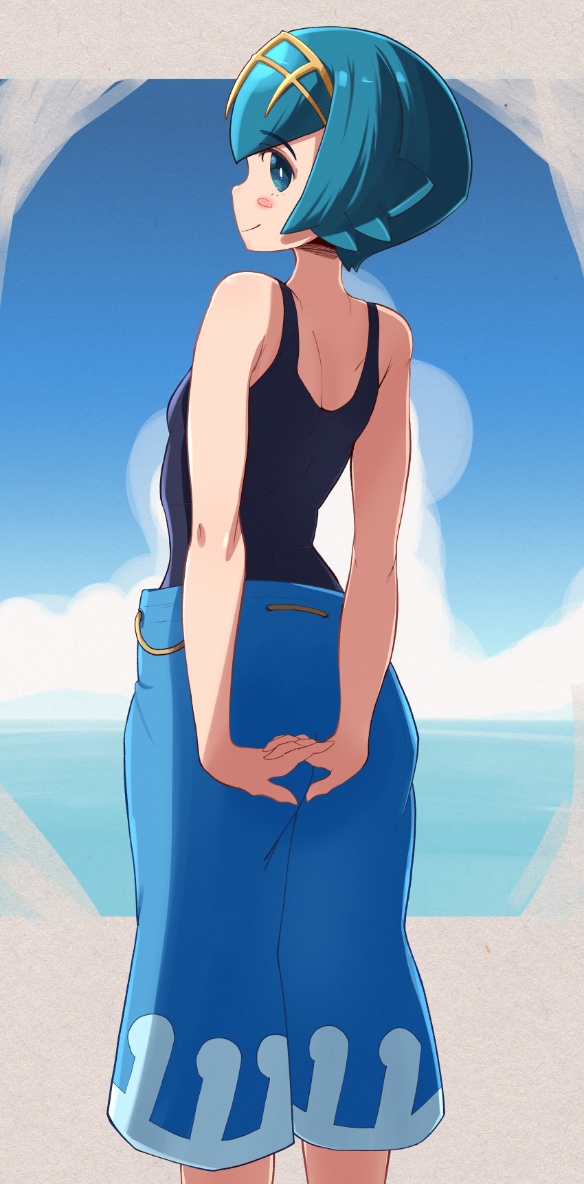 1girl, absurdres, arms_behind_back, back, bangs, blue_eyes, blue_hair, blue_pants