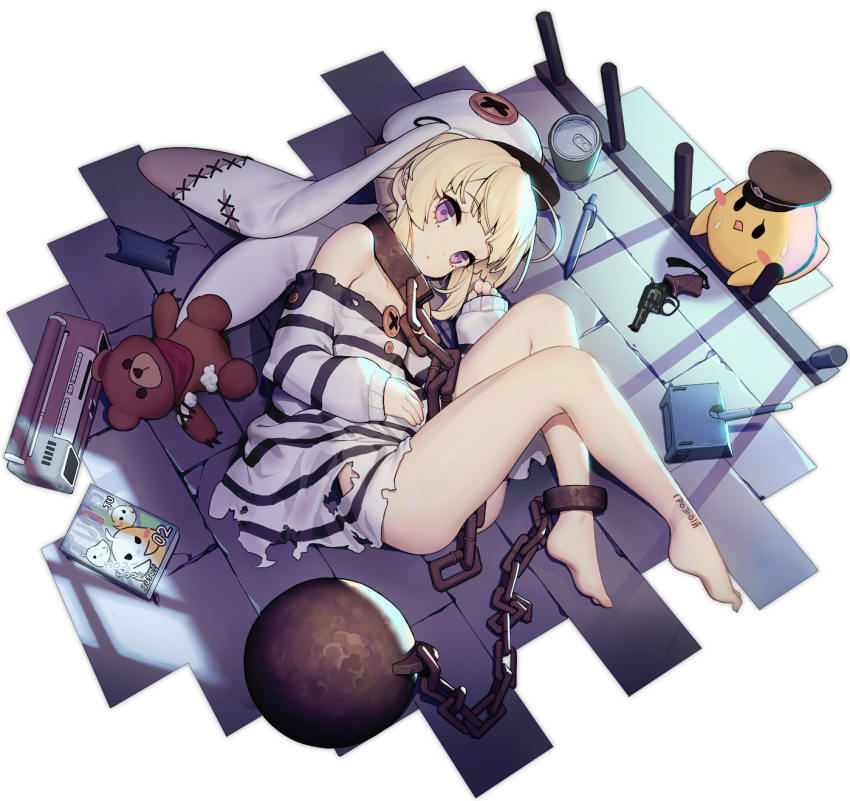 1girl, animal_ears, ass, azur_lane, ball_and_chain_restraint, bare_shoulders, barefoot, bird