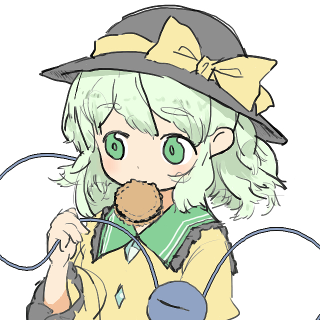 1girl, bangs, black_frills, black_headwear, bow, collared_shirt, cookie, eyeball