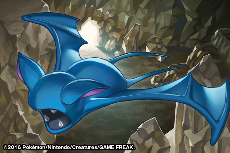 2016, bat, cave, creature, fangs, flying, full_body, gen_1_pokemon, match_(idleslumber), no_humans, pokemon, pokemon_(creature), pokemon_trading_card_game, rock, solo, watermark, zubat