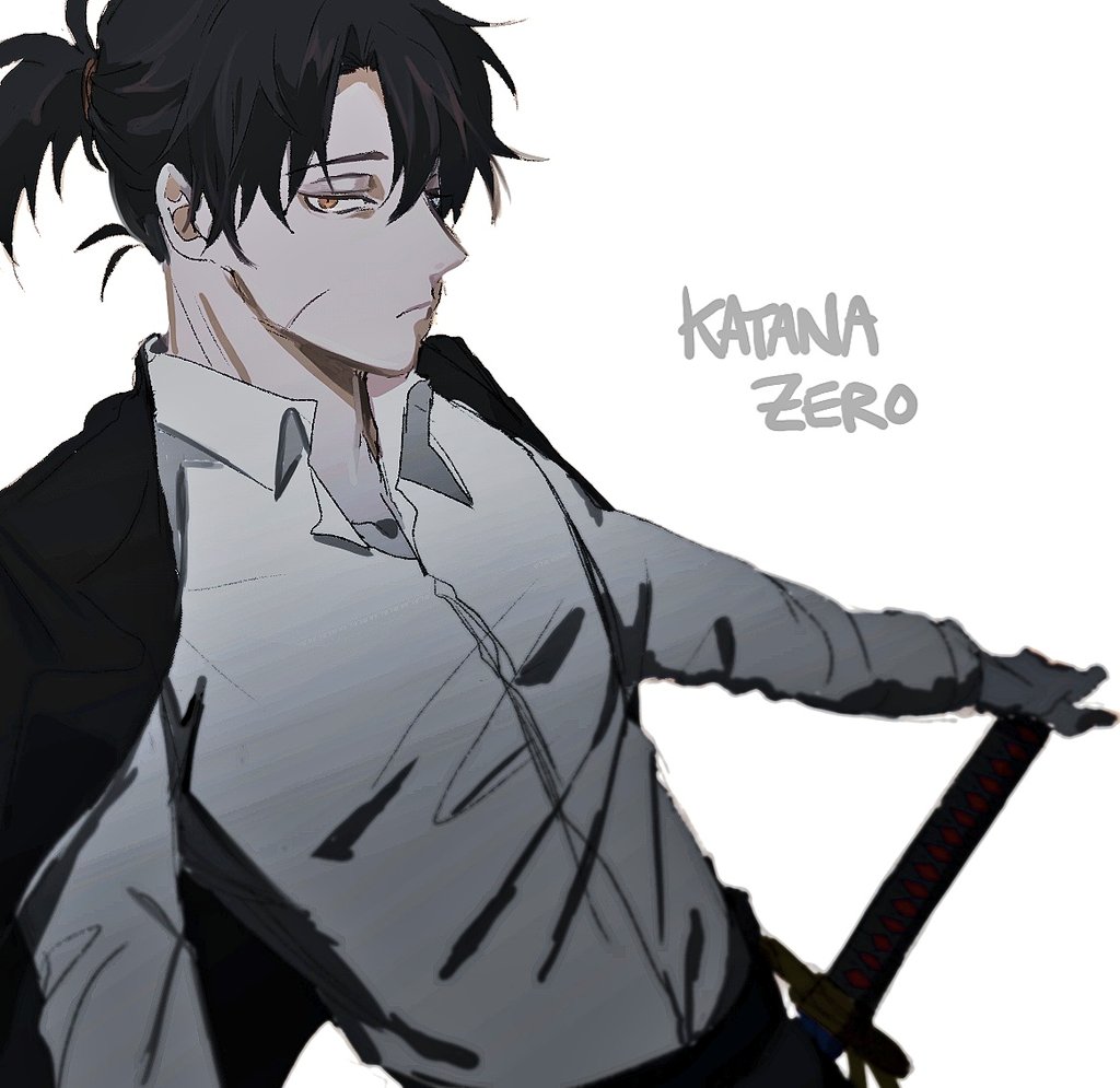 1boy, black_hair, brown_eyes, copyright_name, cosplay, facial_scar, fifteen_(katana_zero), fifteen_(katana_zero)_(cosplay)