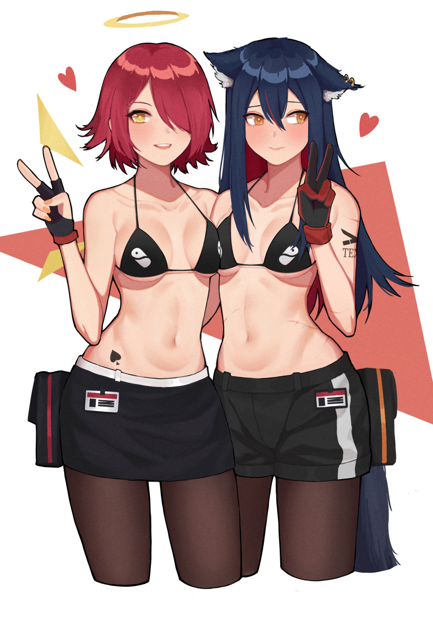 2girls, :d, absurdres, animal_ear_fluff, animal_ears, arknights, asymmetrical_docking, bangs, bare_shoulders, bikini_top, black_bikini_top, black_gloves, black_hair, black_legwear, black_shorts, black_skirt, blush, breast_press, breasts, brown_eyes, chinese_commentary, collarbone, commentary_request, cowboy_shot, cropped_legs, earrings, exusiai_(arknights), fingerless_gloves, gloves, hair_over_one_eye, halo, hand_up, heart, highres, honeybat, jewelry, looking_at_viewer, looking_to_the_side, medium_breasts, miniskirt, multiple_girls, navel, open_mouth, pantyhose, pencil_skirt, pouch, redhead, scar, short_hair, short_shorts, shorts, simple_background, skirt, smile, spade_(shape), standing, stomach, tail, tattoo, texas_(arknights), thighs, v, white_background, wolf_ears, wolf_tail, yellow_eyes