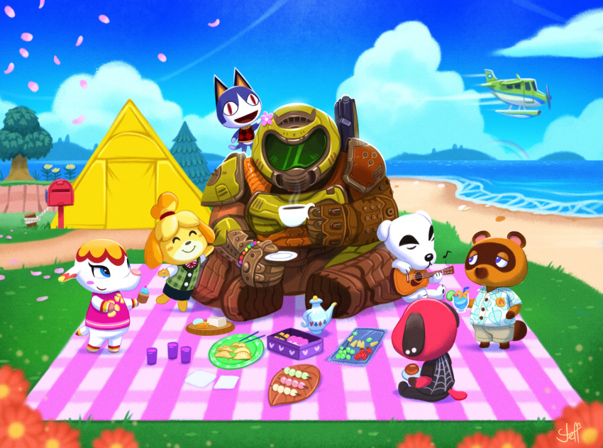 absurdres, armor, beach, crossover, cup, dango, doom_(game), doomguy