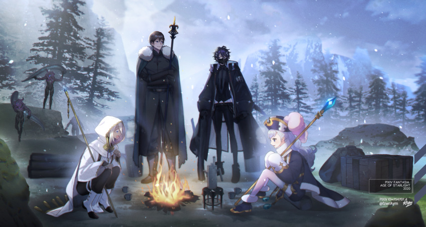 artist_name, aym, black_cape, black_pants, blue-eyes, boots, campfire, cape
