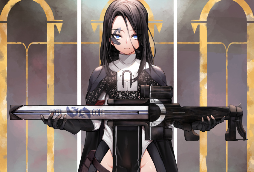 1girl, absurdres, ada-1, black_hair, blue_eyes, chickenvomit, destiny_(game), facial_tattoo