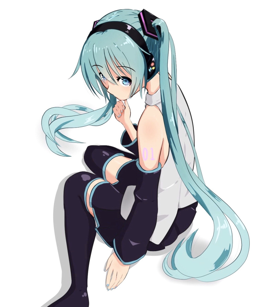 1girl, aqua_eyes, aqua_hair, aqua_nails, bare_shoulders, black_legwear, black_skirt, black_sleeves