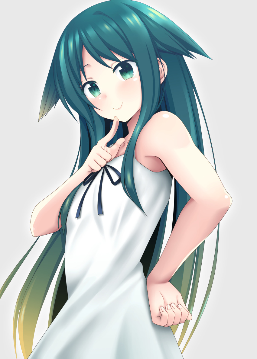 1girl, absurdres, closed_mouth, dress, gradient_hair, green_eyes, green_hair, grey_background