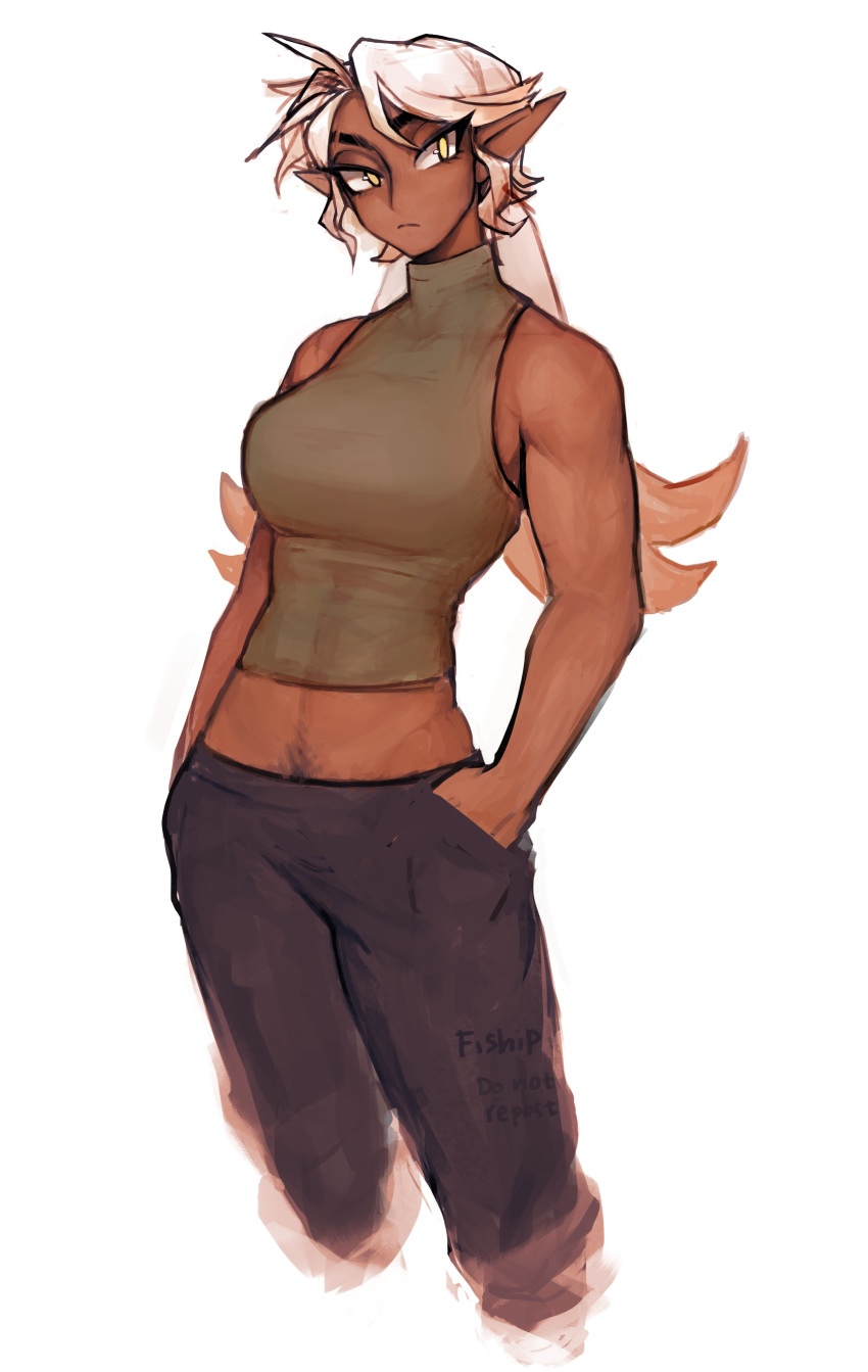 1girl, absurdres, blonde_hair, breasts, commentary, crop_top, dark_elf, dark_skin
