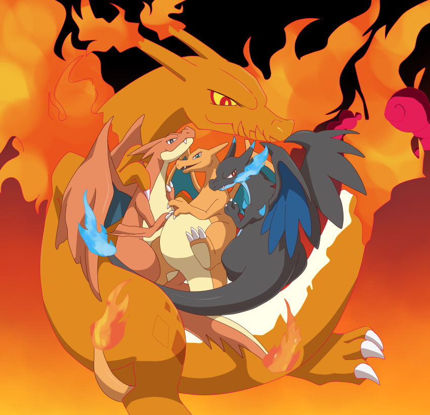 absurdres, blue_eyes, blue_fire, charizard, claws, enohito, fangs, fire