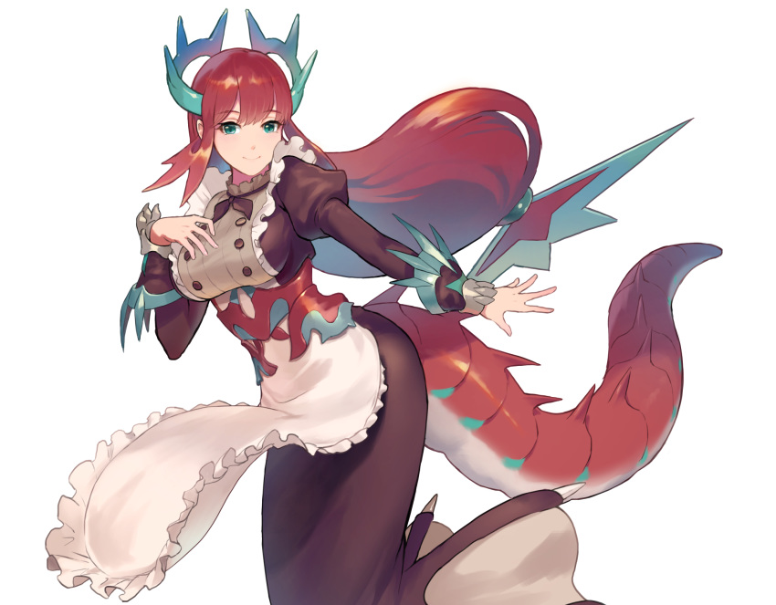 1girl, apron, bangs, black_dress, breasts, corset, dragon_girl, dragon_horns, dragon_tail, dragonmaid_tillroo, dress, duel_monster, eyebrows_visible_through_hair, frilled_apron, frills, green_eyes, hand_on_own_chest, highres, horns, large_breasts, long_dress, long_hair, long_sleeves, looking_at_viewer, low-tied_long_hair, maid, maid_apron, maid_dress, puffy_sleeves, redhead, simple_background, smile, solo, tail, teryusake, very_long_hair, white_apron, white_background, yuu-gi-ou