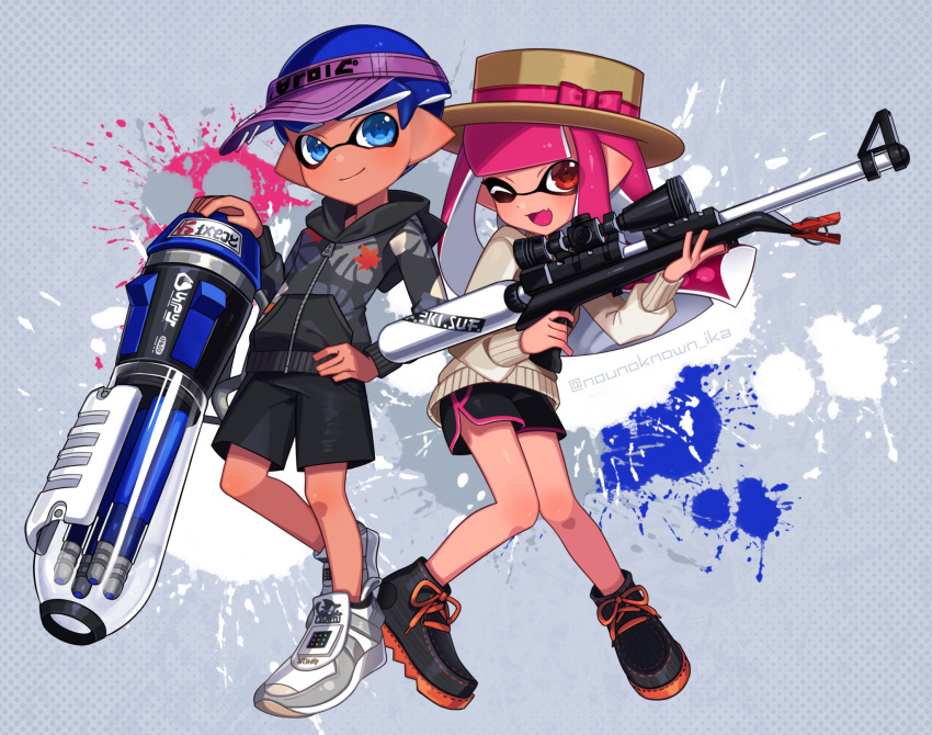 1boy, 1girl, ;d, ballpoint_splatling_(splatoon), bangs, bike_shorts, black_footwear, black_shorts