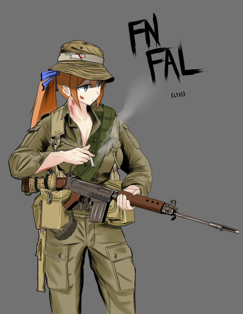 1girl, aninju6657, battle_rifle, blood, blood_on_face, blue_eyes, brown_hair, character_name, cigarette, fal_(girls_frontline), ferret, fn_fal, girls_frontline, gun, hat, highres, l1a1, long_hair, military, military_hat, military_uniform, rifle, smoking, solo, uniform, weapon