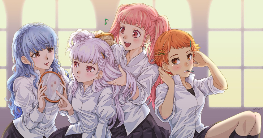 4girls, alternate_hairstyle, artist_name, blue_hair, braid, brown_eyes, brushing_another's_hair, clenched_teeth