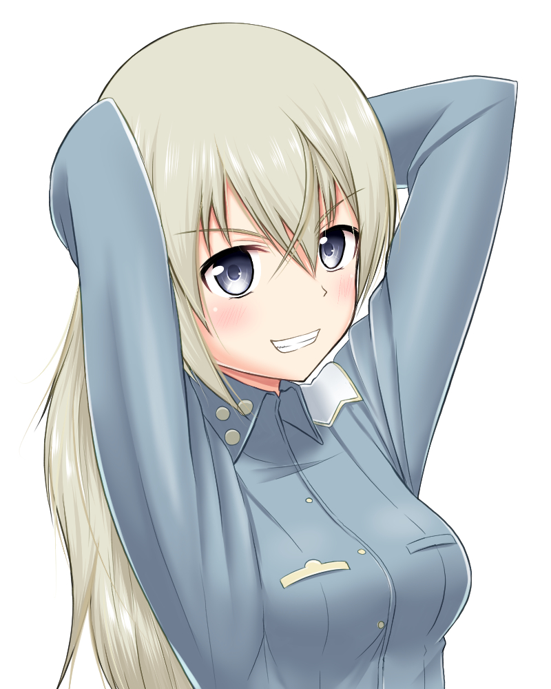 1girl, :d, arms_behind_head, black-eyed_susan, blonde_hair, blush, breasts, eila_ilmatar_juutilainen