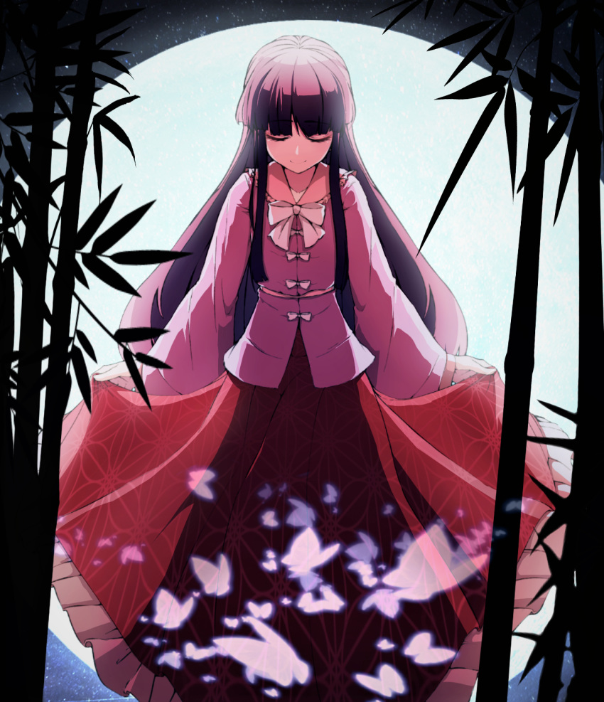 1girl, bamboo, bamboo_forest, black_hair, bow, bowing, bowtie, bug, butterfly, closed_eyes, collared_shirt, curtsey, floral_print, forest, frilled_skirt, frills, full_moon, highres, hime_cut, houraisan_kaguya, insect, long_hair, long_skirt, long_sleeves, moon, moonlight, nature, pink_shirt, rayasi, red_skirt, shirt, skirt, skirt_hold, touhou, white_bow, white_neckwear, wide_sleeves