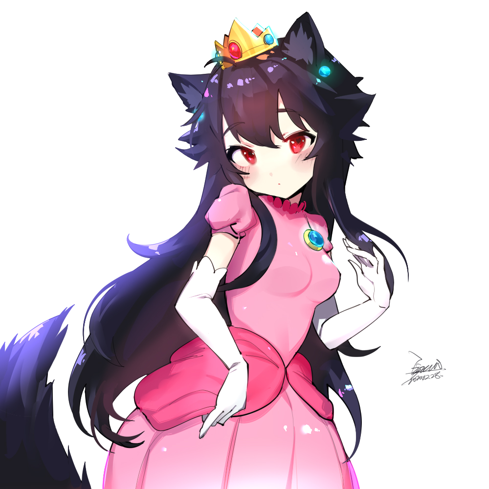 1girl, ahoge, animal_ears, bangs, black_hair, blush, breasts, brooch