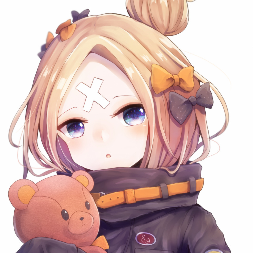 1girl, abigail_williams_(fate/grand_order), bandaid, bandaid_on_face, bangs, black_bow, blonde_hair, blue_eyes