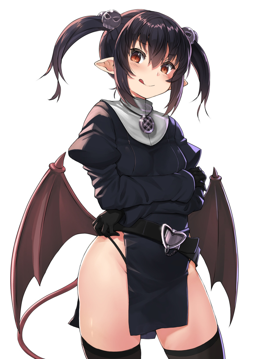 1girl, belt, black_belt, black_gloves, black_legwear, bush, closed_mouth, demon_girl, demon_tail, demon_wings, eyebrows_visible_through_hair, glint, gloves, hair_between_eyes, hair_ornament, highres, itou_ryuusei, jewelry, long_hair, low_wings, necklace, orange_eyes, original, pointy_ears, puffy_sleeves, simple_background, skull_hair_ornament, smile, solo, succubus, tail, thigh-highs, tongue, tongue_out, twintails, white_background, wings