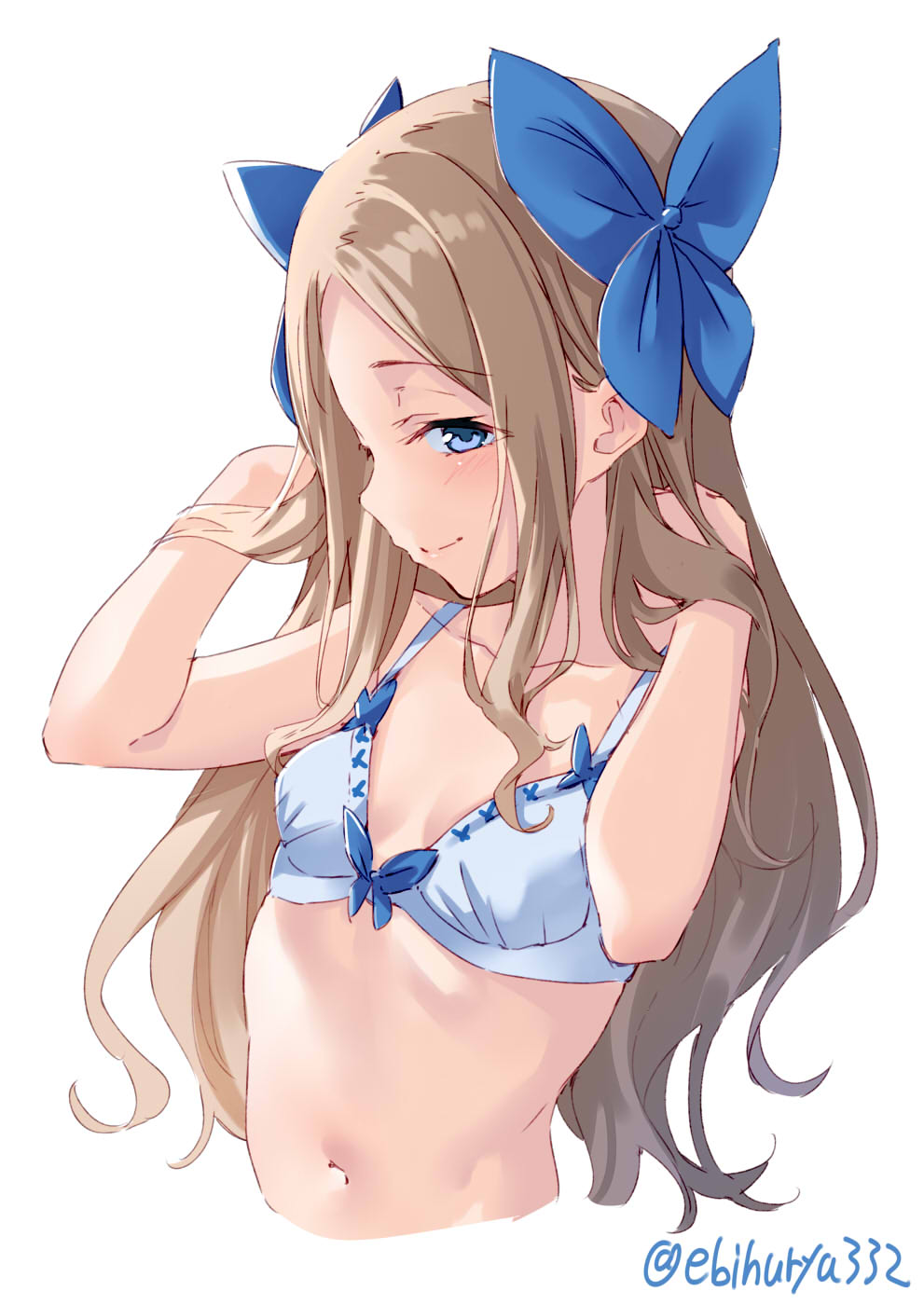 1girl, asakaze_(kantai_collection), bangs, blonde_hair, blue_bra, blue_eyes, blue_ribbon, blush