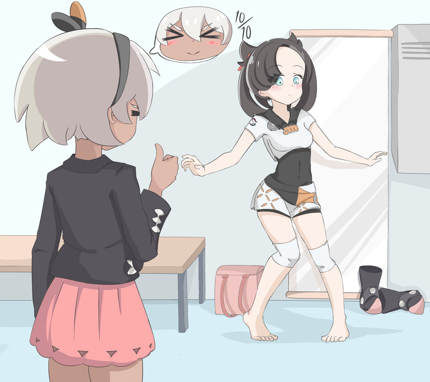 bangs, barefoot, black_hair, bodysuit_under_clothes, cosplay, covered_navel, gloves, gym_leader, hair_ribbon, hairband, highres, jacket, locker, mary_(pokemon), no_socks, pokemon, pokemon_(game), pokemon_swsh, ribbon, saitou_(pokemon), saitou_(pokemon)_(cosplay), shirt, short_hair, short_sleeves, shorts, silver_hair, thumbs_up, twintails, user_hssm2434, white_shirt, wristband