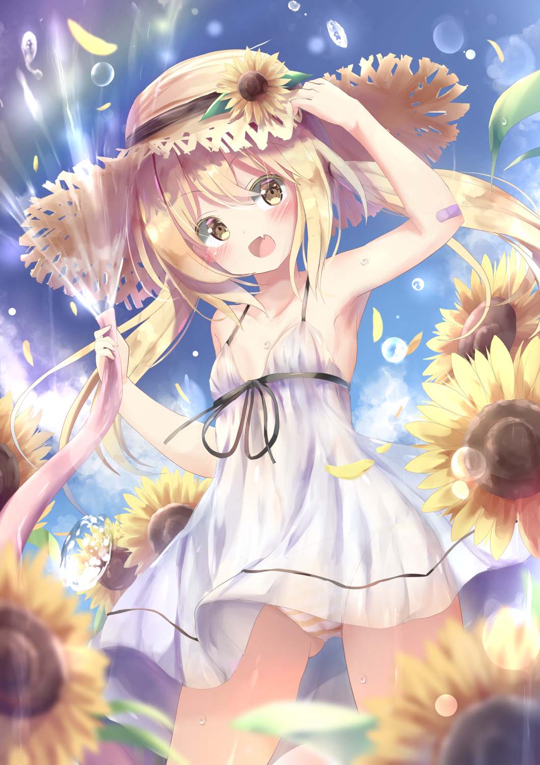 1girl, :d, arm_up, armpits, ass_visible_through_thighs, bandaid, bandaid_on_elbow, bangs