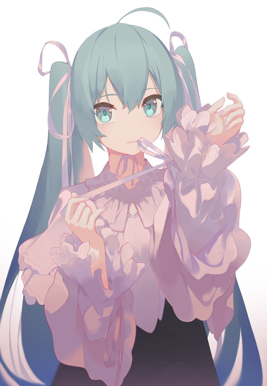 1girl, absurdres, ahoge, aqua_eyes, aqua_hair, black_skirt, closed_mouth, commentary