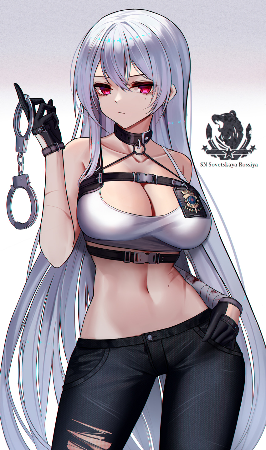 1girl, absurdres, alternate_costume, azur_lane, black_pants, blood, blue_eyes, breasts