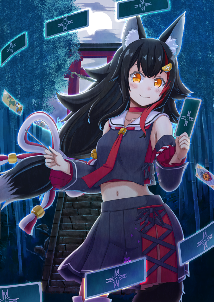 1girl, animal_ear_fluff, animal_ears, bamboo, bamboo_forest, bangs, black_hair, black_skirt, card, choker, closed_mouth, clouds, collarbone, commentary, contrapposto, cowboy_shot, detached_sleeves, forest, hanafuda, holding, holding_card, hololive, kamihikouki, long_hair, looking_at_viewer, midriff, moon, moonlight, multicolored_hair, nature, navel, neckerchief, night, night_sky, ookami_mio, orange_eyes, outdoors, pleated_skirt, red_choker, red_neckwear, sailor_collar, sidelocks, skirt, sky, smile, solo, stairs, standing, stone_stairs, streaked_hair, tail, torii, white_sailor_collar, wide_sleeves, wolf_ears, wolf_tail