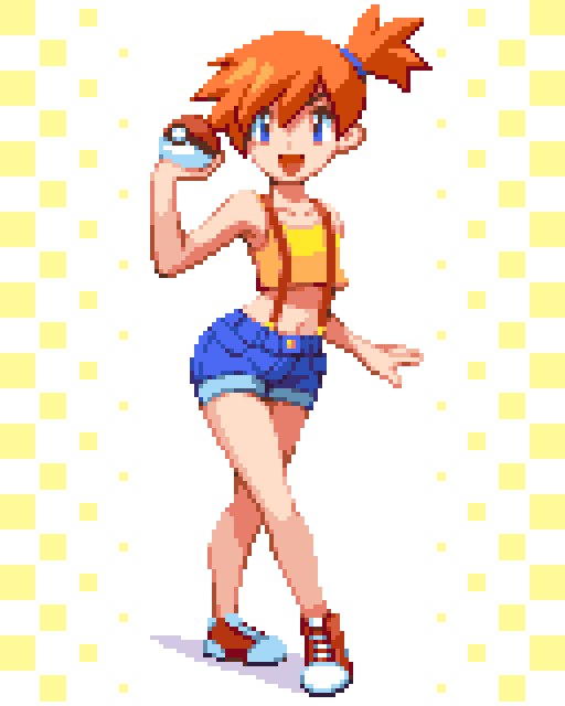 1girl, :d, breasts, denim, denim_shorts, full_body, holding, holding_poke_ball, kasumi_(pokemon), looking_at_viewer, midriff, open_mouth, orange_hair, pixel_art, pixelflag, poke_ball, poke_ball_(generic), pokemon, pokemon_(anime), pokemon_(classic_anime), shirt, shoes, short_hair, shorts, side_ponytail, sleeveless, sleeveless_shirt, small_breasts, smile, sneakers, standing, suspenders, yellow_shirt