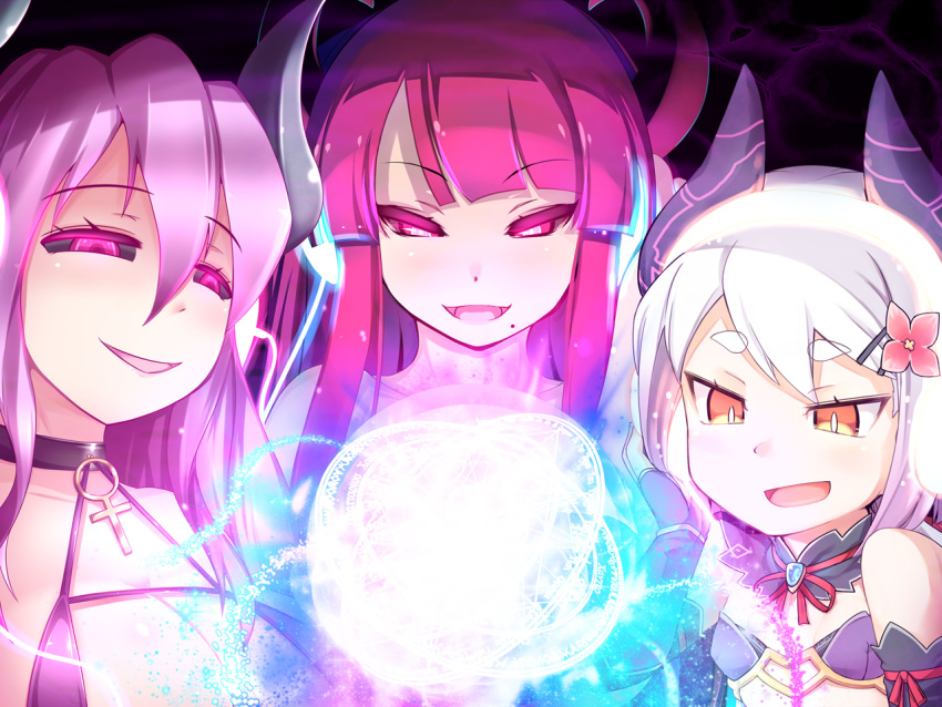 3girls, bare_shoulders, breasts, commentary_request, demon_girl, demon_horns, eyebrows_visible_through_hair, hair_between_eyes