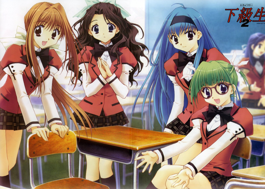 blue_hair, bow, bowtie, brown_eyes, brown_hair, classroom, glasses, green_hair