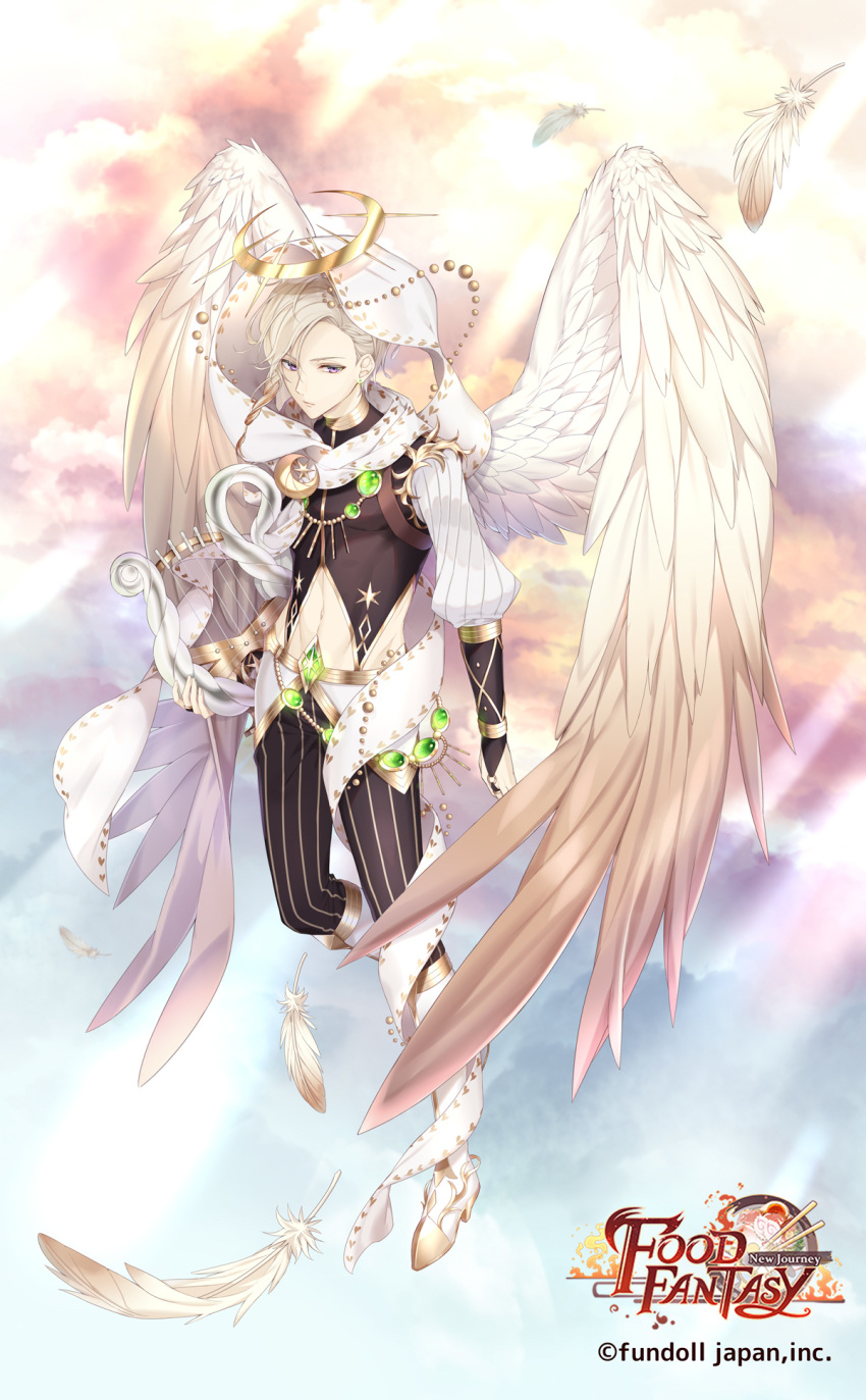 1boy, angel_wings, cocosuke, copyright_name, croissant_(food_fantasy), feathered_wings, feathers, food_fantasy