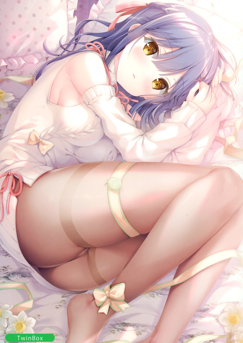 1girl, absurdres, aran_sweater, armpits, ass, bare_shoulders, blue_hair, bow
