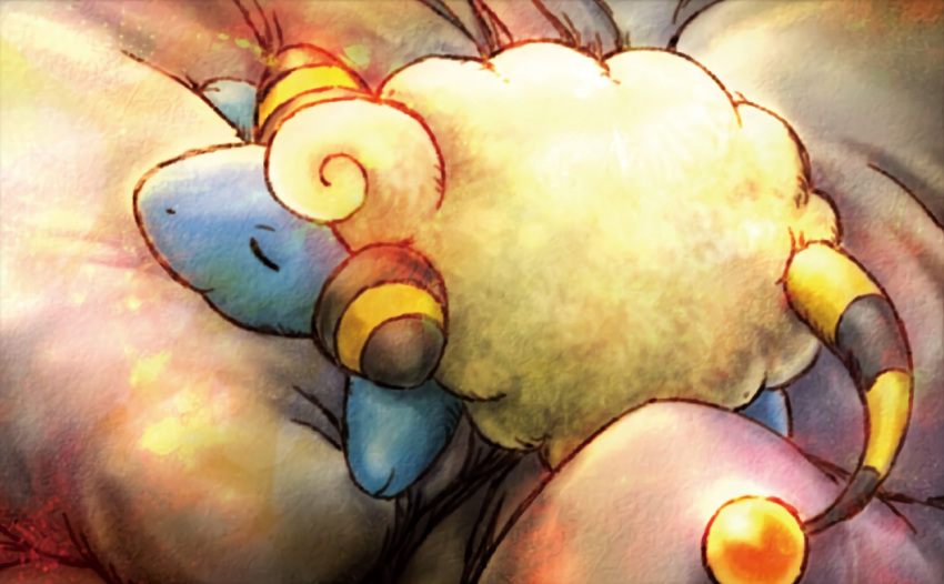 closed_eyes, creature, full_body, gen_2_pokemon, harada_midori, mareep, no_humans, official_art