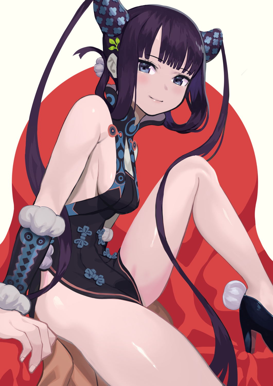 1girl, bangs, bare_shoulders, beppu_mitsunaka, black_dress, black_footwear, blue_eyes, blunt_bangs