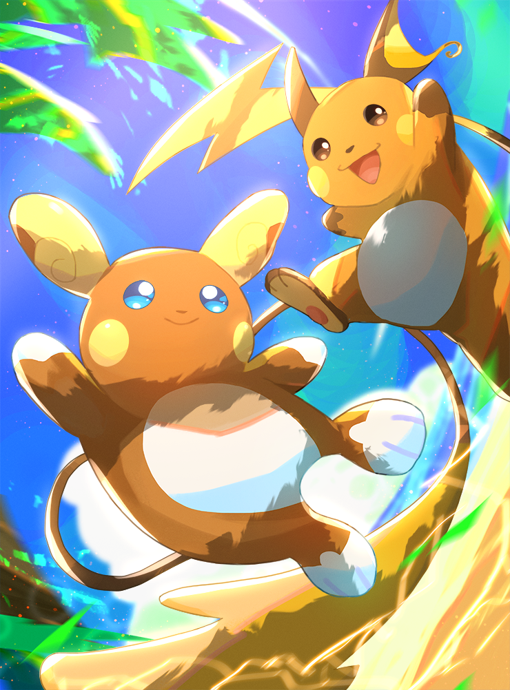 alolan_and_normal, alolan_raichu, blue_eyes, blue_sky, closed_mouth, clouds, commentary_request, creature