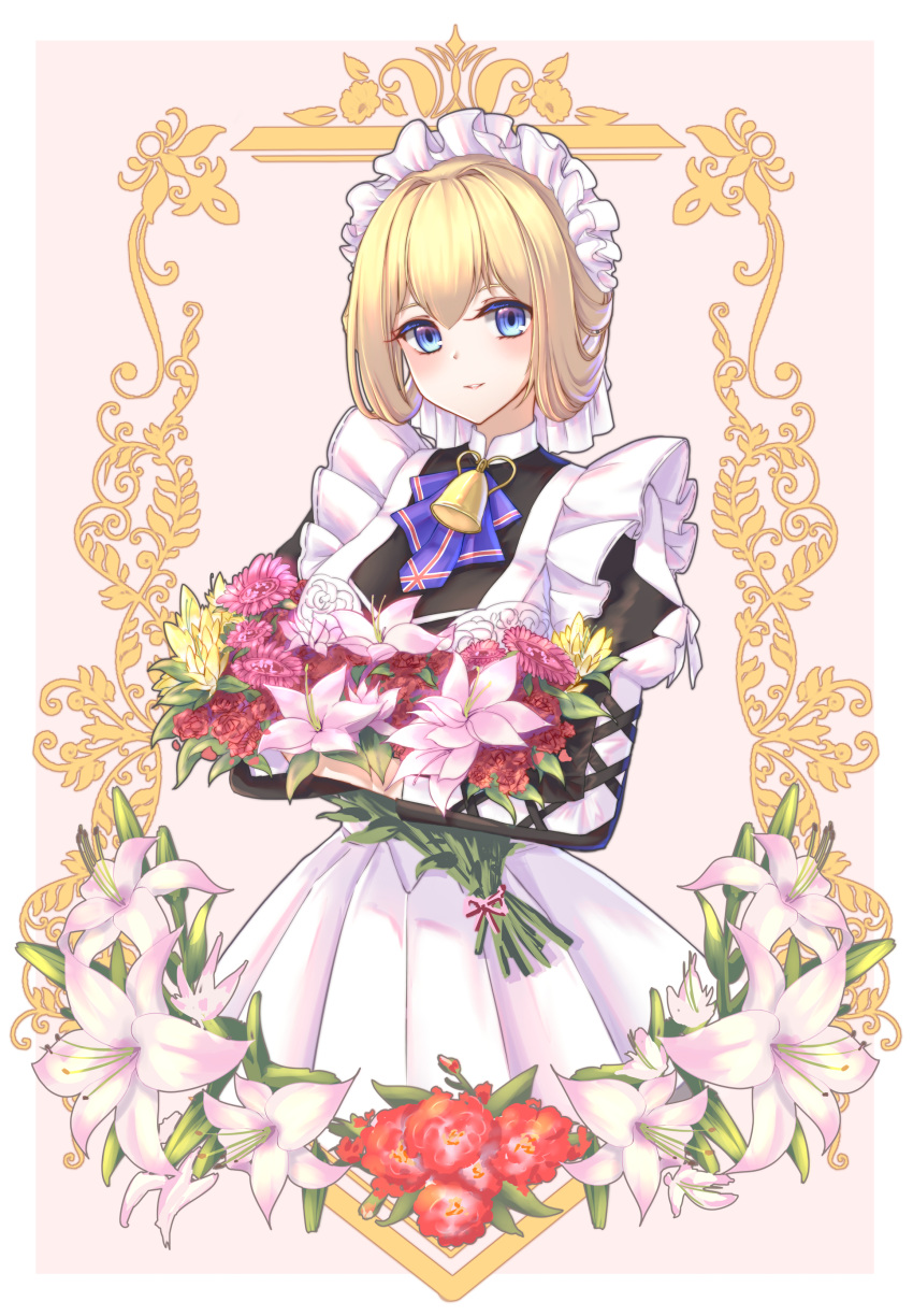 1girl, absurdres, apron, black_dress, blonde_hair, dress, drone_(fswingsk), flower