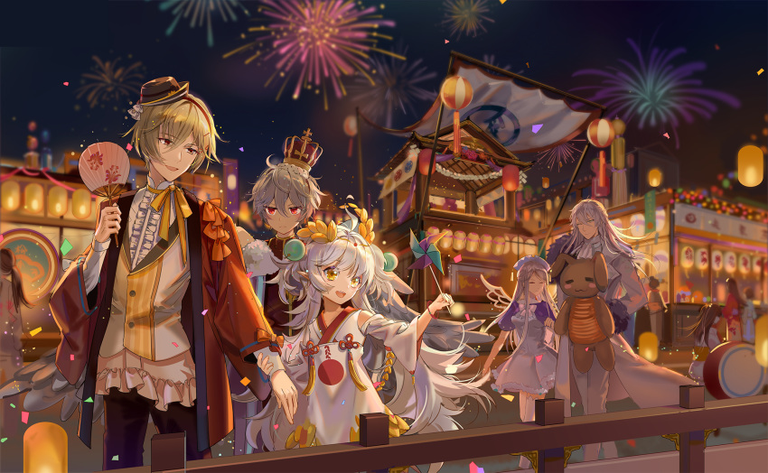 2girls, 3boys, angel_wings, blonde_hair, bow, bowtie, capelet, champagne_(food_fantasy), detached_sleeves, dress, eggnog_(food_fantasy), festival, fireworks, fondant_cake_(food_fantasy), food_fantasy, frilled_neckwear, grey_hair, hat, highres, jacket, long_hair, multicolored_hair, multiple_boys, multiple_girls, night, night_sky, official_art, pinwheel, red_eyes, rice_(food_fantasy), rice_hair_ornament, short_hair, silver_hair, sky, smile, tiara, turkey_(food_fantasy), twintails, white_hair, wings