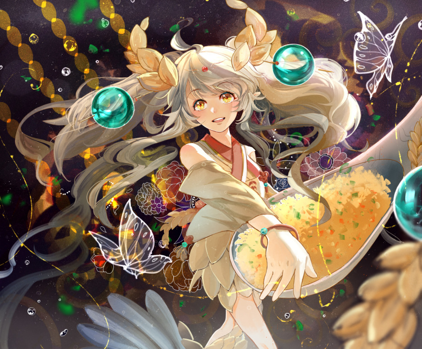 1girl, bug, butterfly, chinese_clothes, detached_sleeves, dress, food_fantasy, highres