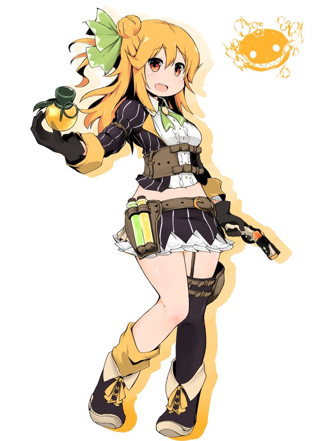 1girl, alternate_costume, belt, bustier, explosive, eyebrows_visible_through_hair, food, fruit