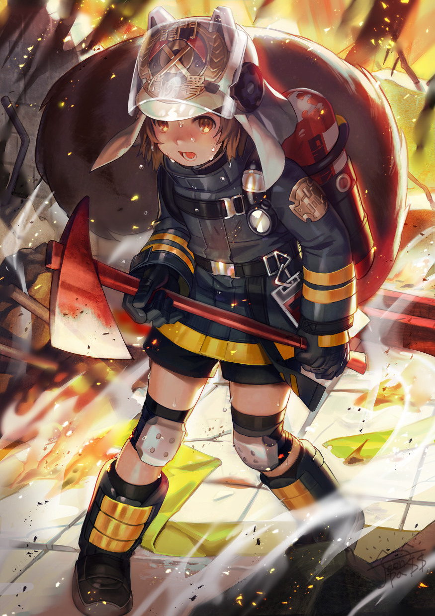 1girl, animal_ears, animal_ears_helmet, arknights, axe, backlighting, belt, black_gloves, boots, brown_eyes, brown_hair, commentary, fake_animal_ears, fire, fire_axe, fire_helmet, firefighter, full_body, gloves, helmet, highres, holding, holding_axe, jacket, jeonpa, knee_pads, long_sleeves, open_mouth, oxygen_tank, shaw_(arknights), short_hair, shorts, signature, smoke, solo, squirrel_tail, standing, sweat, tail, tile_floor, tiles