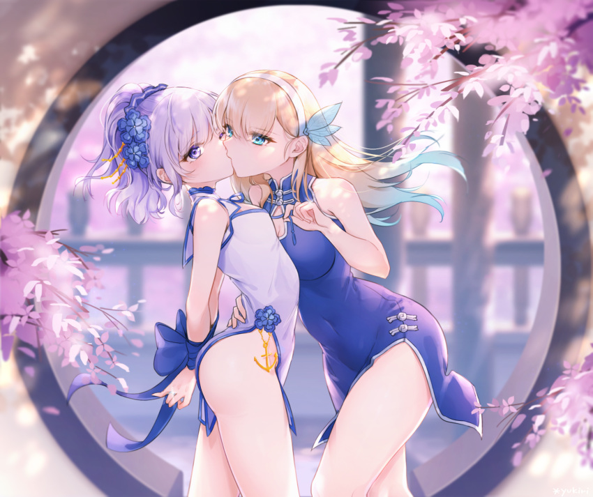 2girls, anchor, artist_request, ass, bangs, bare_shoulders, blonde_hair, blue_dress, blue_eyes, blurry, cherry_blossoms, china_dress, chinese_clothes, cowboy_shot, depth_of_field, dress, eyebrows_visible_through_hair, flower, hair_flower, hair_ornament, hairband, highres, lexington_(cv-16)_(warship_girls_r), long_hair, looking_at_viewer, multiple_girls, petals, side_slit, sigsbee_(warship_girls_r), violet_eyes, warship_girls_r, yuri