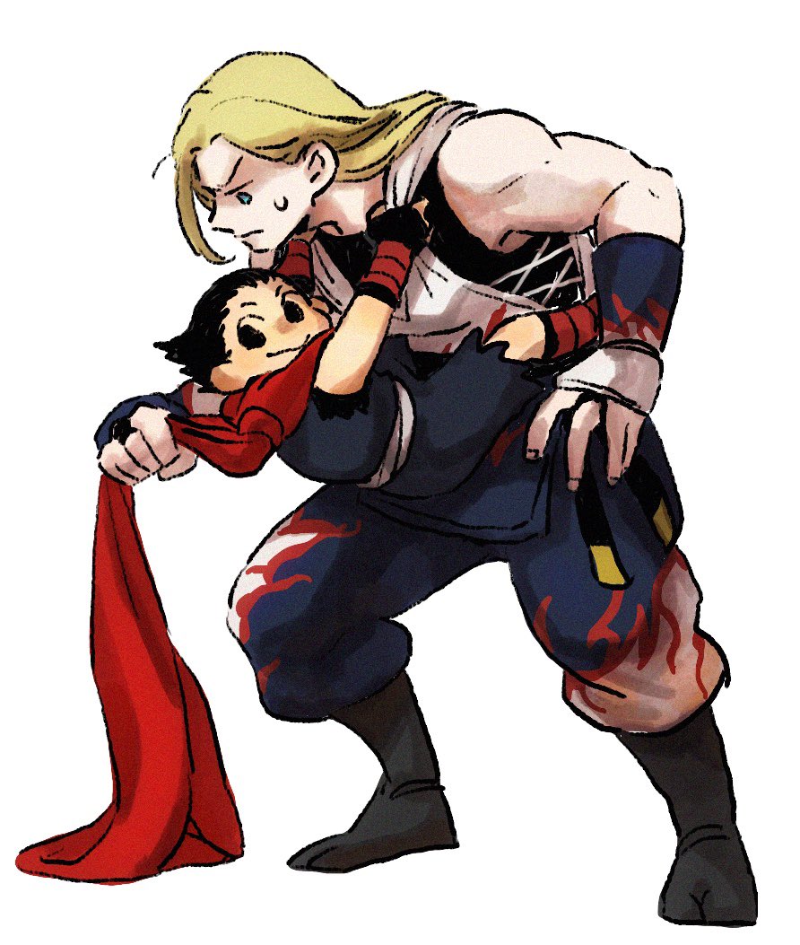 2boys, andy_bogard, black_hair, blonde_hair, blue_eyes, clinging, fatal_fury, flame_print, hokutomaru, long_hair, long_scarf, mark_of_the_wolves, multiple_boys, ninja, umasukesankana