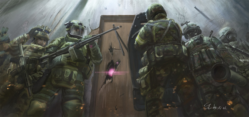 352888875, 6+boys, against_wall, battering_ram, body_armor, broken_door, bulletproof_vest, chinese_commentary