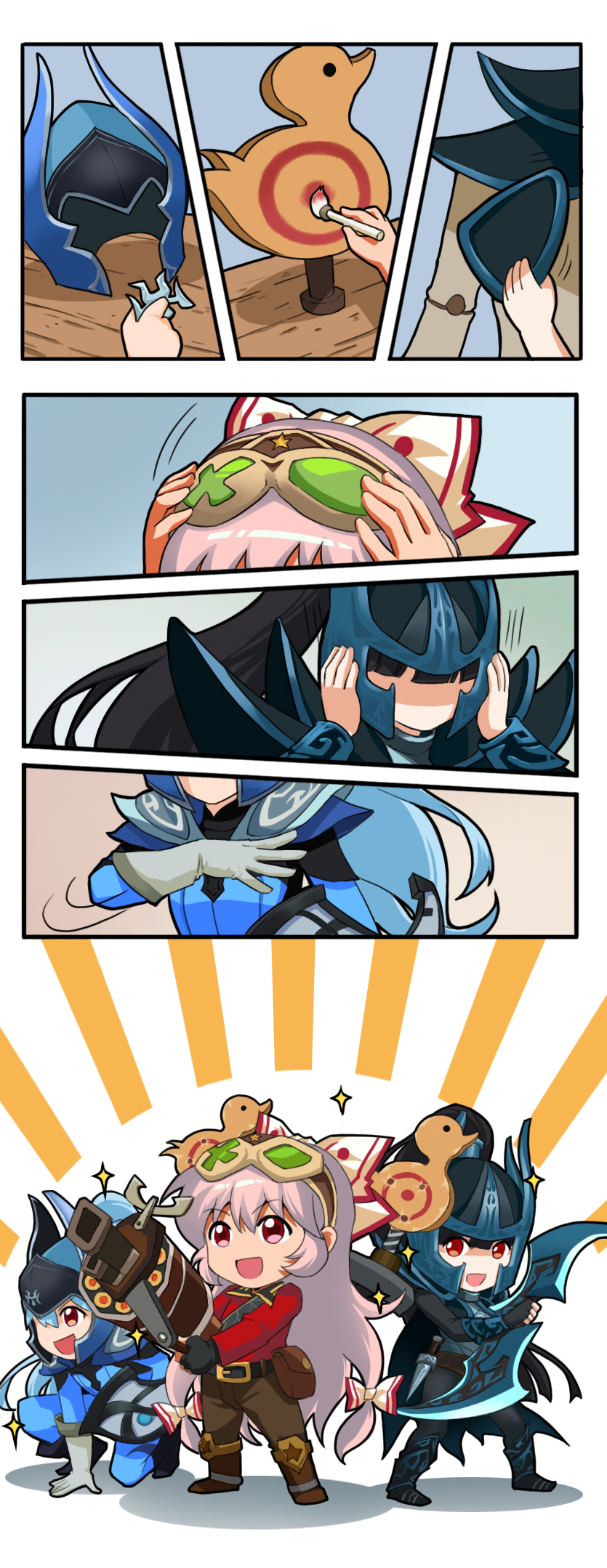 3girls, 7koma, armor, assembling, blue_hair, character_request, cosplay, dressing