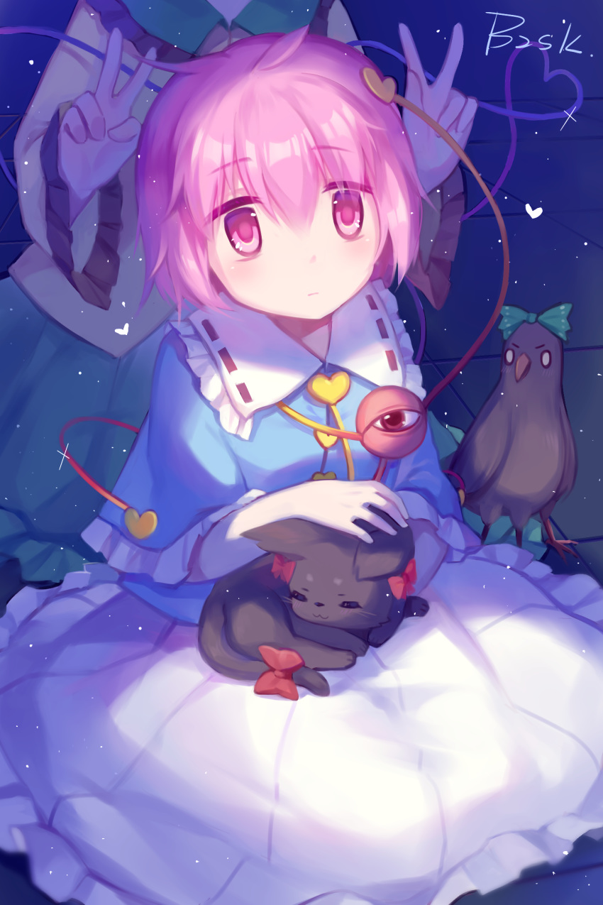 4girls, :3, animal, animal_on_lap, baozishark, bird, black_cat, blouse