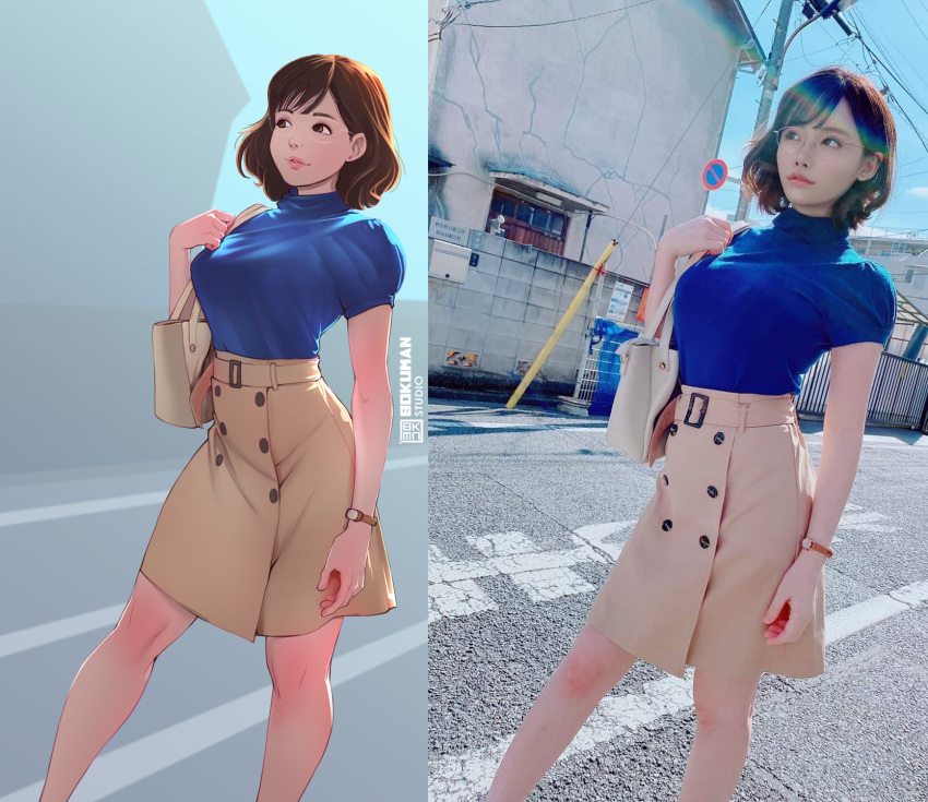 1girl, artist_name, bokuman, breasts, brown_eyes, brown_hair, brown_skirt, derivative_work